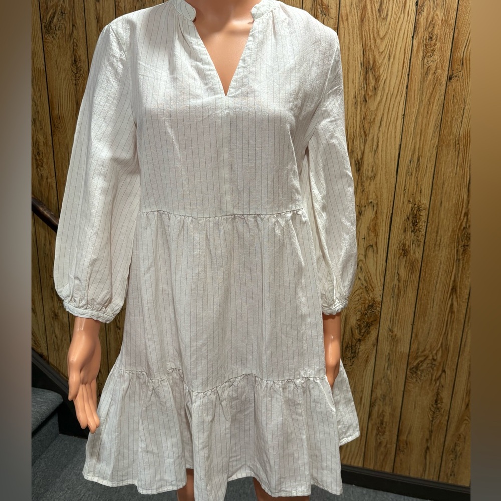 Mango Cream Long Sleeve Dress with Delicate Stripes